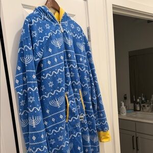 Tipsy Elves Blue and Yellow Hooded Onesie with Star and Menorah Pattern